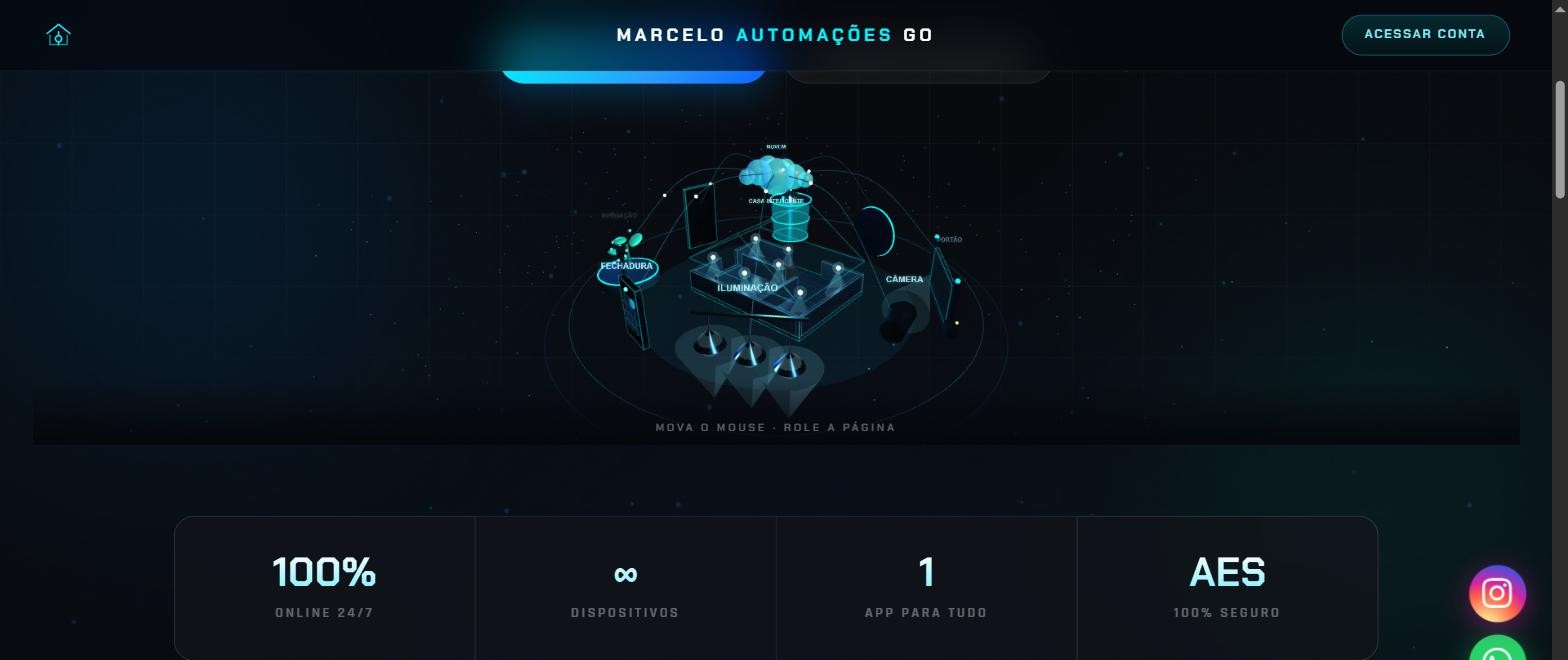 Página inicial do Marcelo Automações GO, com cena 3D interativa da casa inteligente